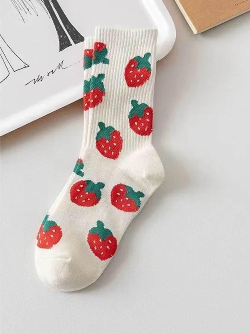 White Crew Socks with Red Strawberry Print (1 pair) - Picture 1 of 2